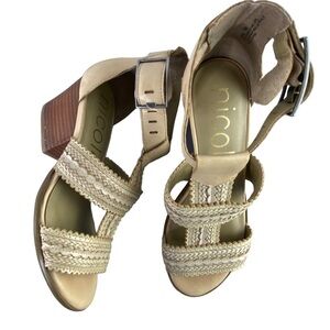 Nicole Tessie leather tan stacked heel T-strap sandals, 7M